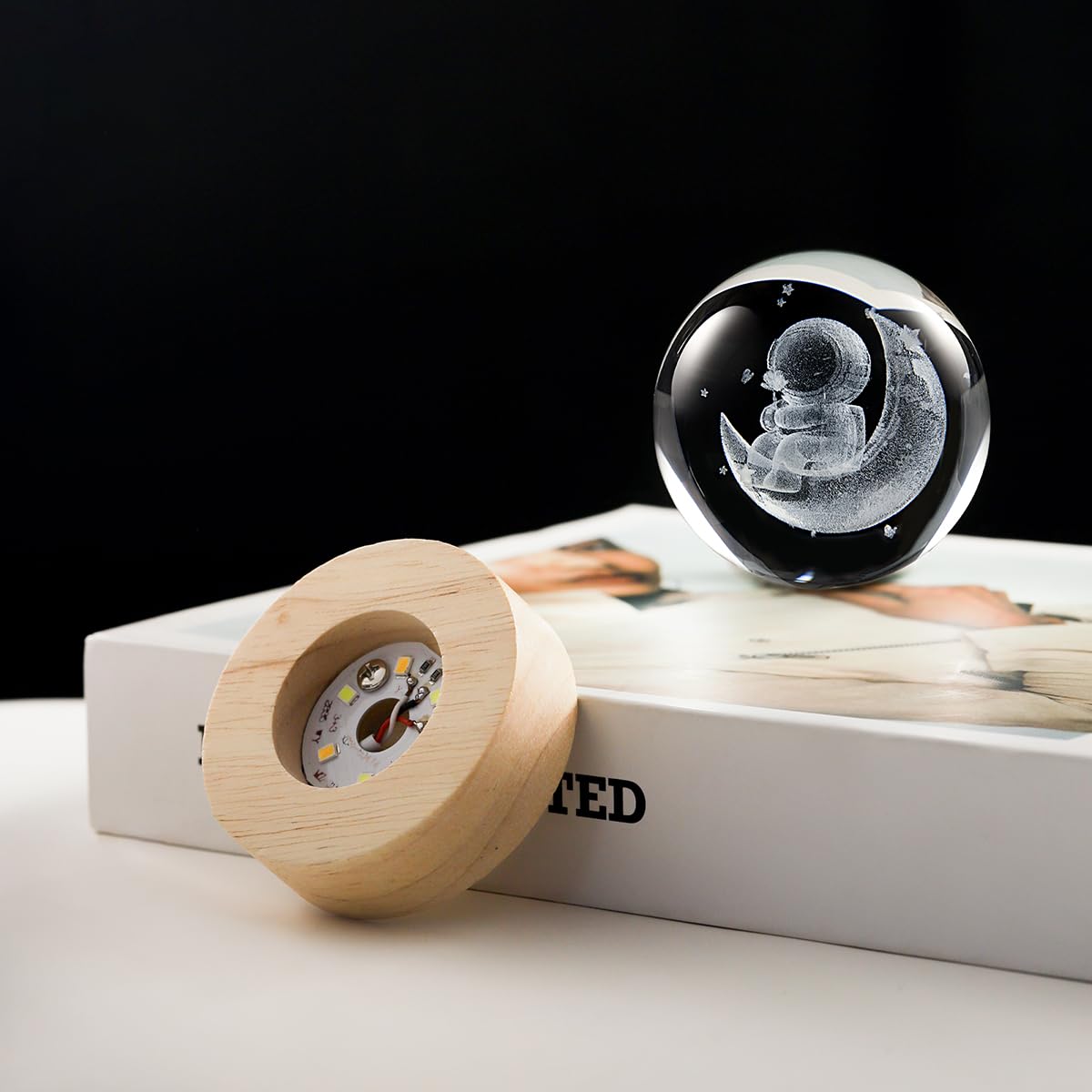 3D Moon Crystal Ball Lamp with Adjustable Brightness LED Wooden Base,Night Light for Kids Teens Adults,Birthday Gift Home Desk Office Bedroom Decor (6cm / 2.4”)