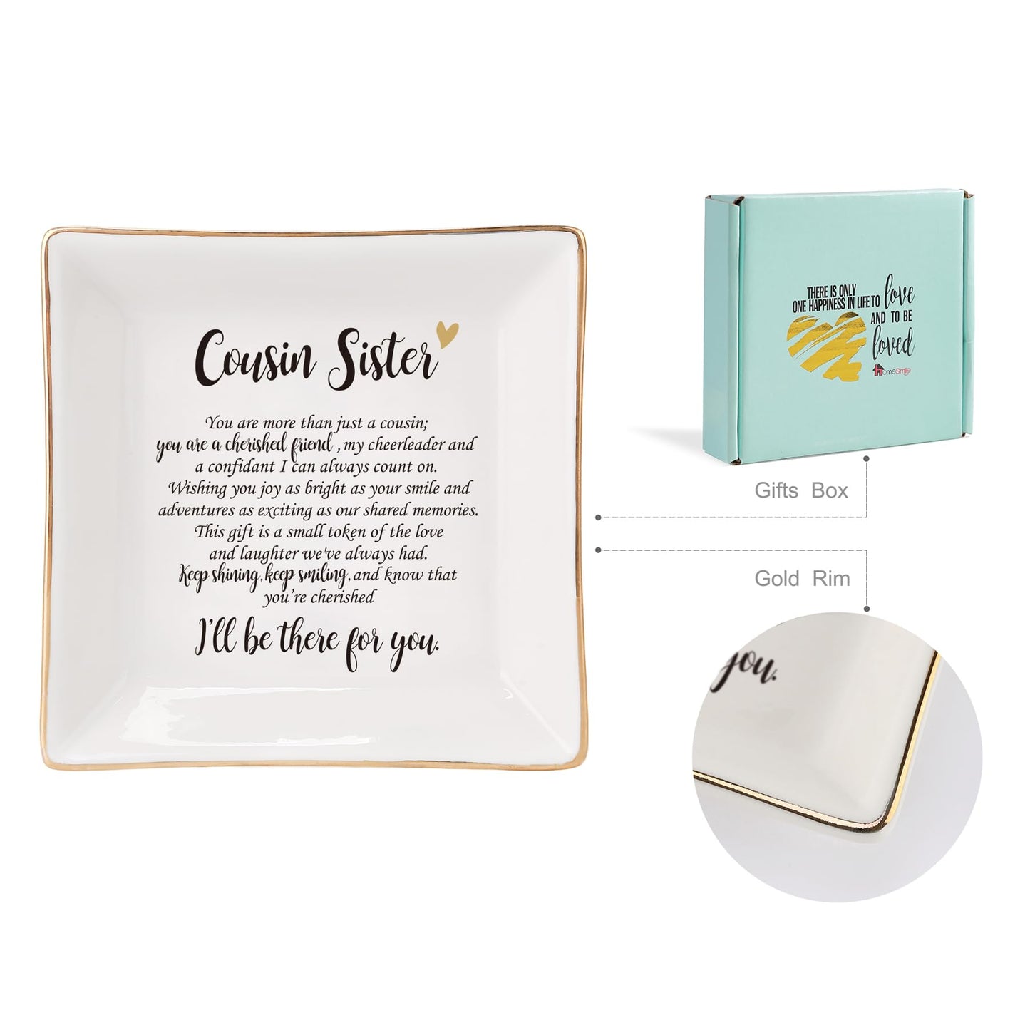 HOME SMILE Cousin Sister Gifts Mother's Day,Ceramic Ring Jewelry Dish Tray Plate for Birthday Graduation Christmas Wedding-You are More Than Just a Cousin,You Are a Chrished Friend