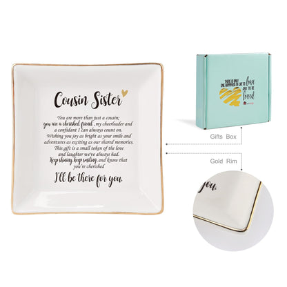 HOME SMILE Cousin Sister Gifts Mother's Day,Ceramic Ring Jewelry Dish Tray Plate for Birthday Graduation Christmas Wedding-You are More Than Just a Cousin,You Are a Chrished Friend