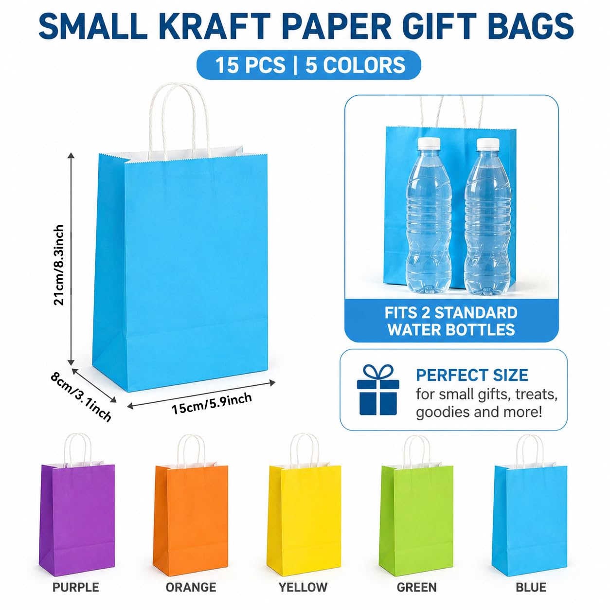 MAQIHAN Gift Bags With Handles - 15 Pcs Gift Bag Bulk Paper Bag Goody Bags Kraft Paper Bags Party Favor Bags Small Bag for Gifts Craft Goodie Birthday Valentine Christmas