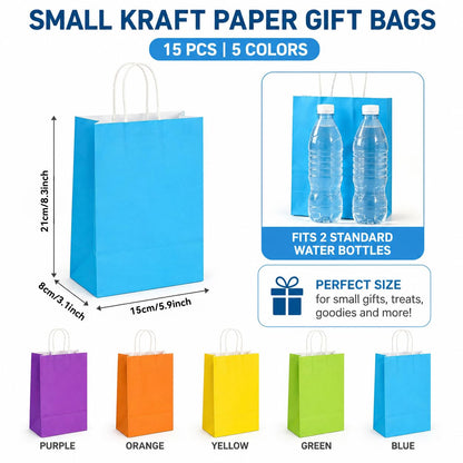 MAQIHAN Gift Bags With Handles - 15 Pcs Gift Bag Bulk Paper Bag Goody Bags Kraft Paper Bags Party Favor Bags Small Bag for Gifts Craft Goodie Birthday Valentine Christmas