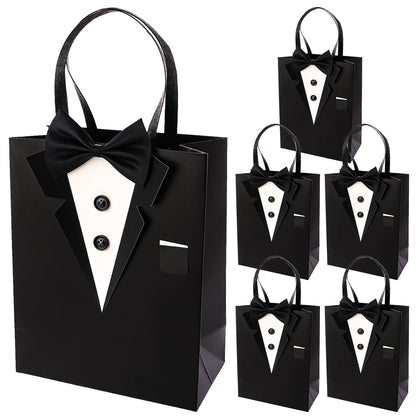 Crisky 6 Pack Classic Black 3D Tuxedo Gift Bags Real Bow Tie, Buttons for Groomsman Father's Birthday Anniversary Wedding Favor 10" x8" x4"