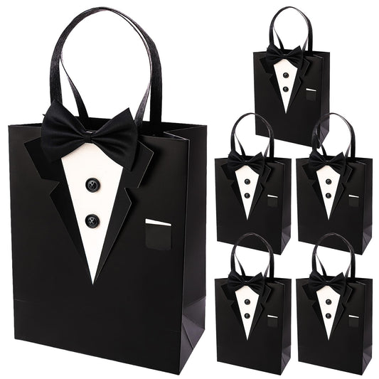 Crisky 6 Pack Classic Black 3D Tuxedo Gift Bags Real Bow Tie, Buttons for Groomsman Father's Birthday Anniversary Wedding Favor 10" x8" x4"