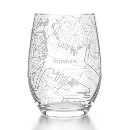 Well Told Engraved Boston Massachusetts Map Stemless Glass (15 oz, Clear) City Map Wine Glass, Custom Gift for Wine Lovers