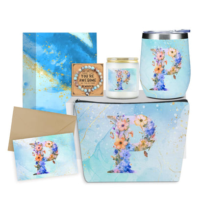 Personalized Gifts for Women Monogrammed Birthday Gifts for Women, Wife Girlfriend Wedding Christmas, Initial Wine Tumbler Makeup Bag Scented Candle Bracelet Set, (Aesthetic Blue Flower P)