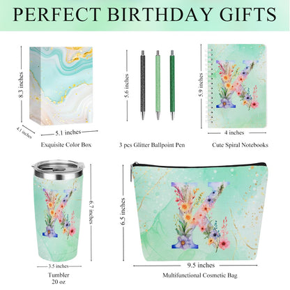 Personalized Gifts Monogrammed Birthday Gifts for Women, Soul Sister Bachelorette Party Wedding Christmas Initial 20 oz Tumbler, Makeup Bag Cup Pens Journal Notebook 6 Set, (Aesthetic Green Flower K)