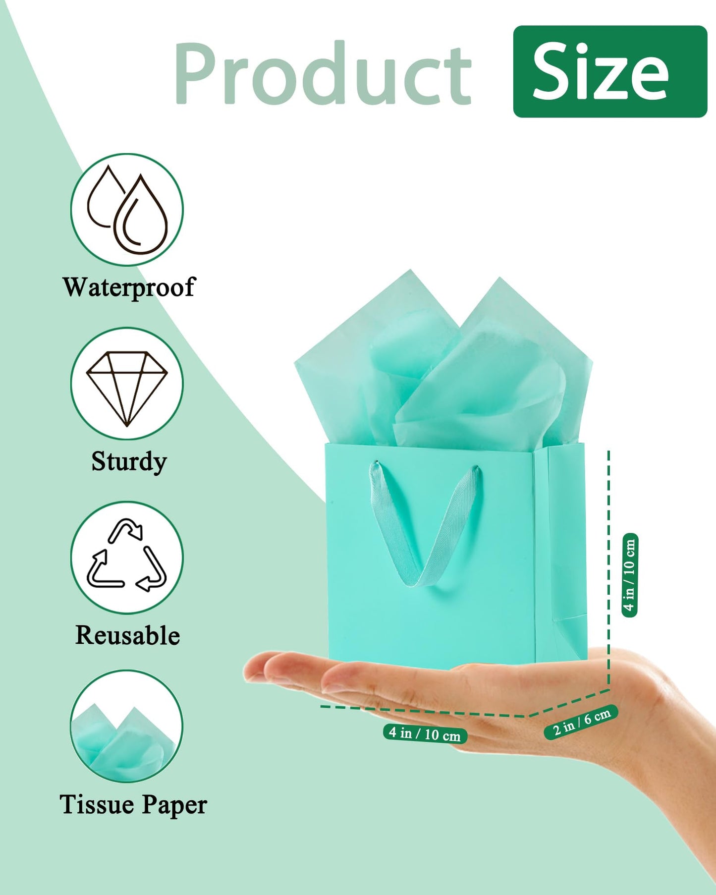 KEYYOOMY Mini Teal Blue Gift Bags with Handles Wide Bottom Gift Bags with Tissue Paper Party Favor Bag Goodie Bag for Wedding Birthday Christmas Shopping Business (10 CT, 4x4x2 Inch, Teal Blue)