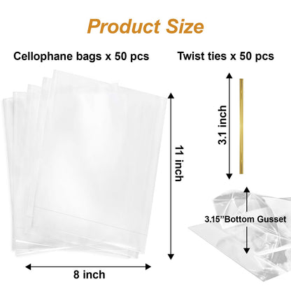Toosci 8" x 11" Clear Cellophane Treat Bags with Bottom Gusset & Twist Ties – for Baked Goods, Cookies, Candies, Chocolates, Popcorn & Gift Packaging (50 Pcs, 2 mils)