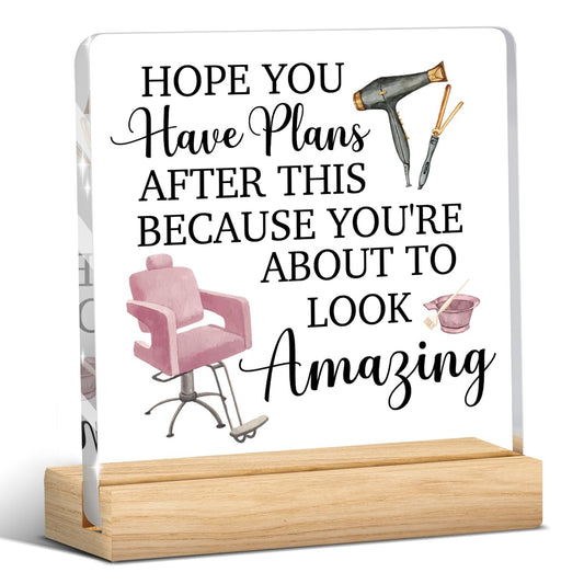 Hairdresser Gifts, Pink Hair Salon Decor, Salon Decor for Hair Stylist, Birthday Thank You Gift for Hairstylist Women, Hairs Dryer Barber Chair Acrylic Sign Christmas Desk Shelf Barber Decoration