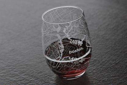 Well Told Engraved Boston Massachusetts Map Stemless Glass (15 oz, Clear) City Map Wine Glass, Custom Gift for Wine Lovers