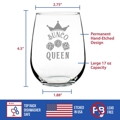 Bevvee Bunco Queen Stemless Wine Glass - Bunco Decor and Bunco Gifts for Women - Large 17 Oz Glasses