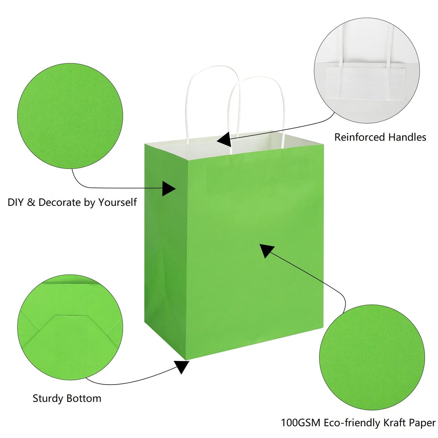 Toovip 50 Pack 8x4.75x10 Inch Medium Grass Green Kraft Paper Bags with Handles Bulk, Gift Bags for Birthday Party Favors Retail Grocery Shopping Business Goody Craft Merchandise Take Out Sacks