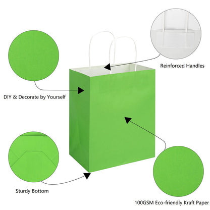 Toovip 50 Pack 8x4.75x10 Inch Medium Grass Green Kraft Paper Bags with Handles Bulk, Gift Bags for Birthday Party Favors Retail Grocery Shopping Business Goody Craft Merchandise Take Out Sacks