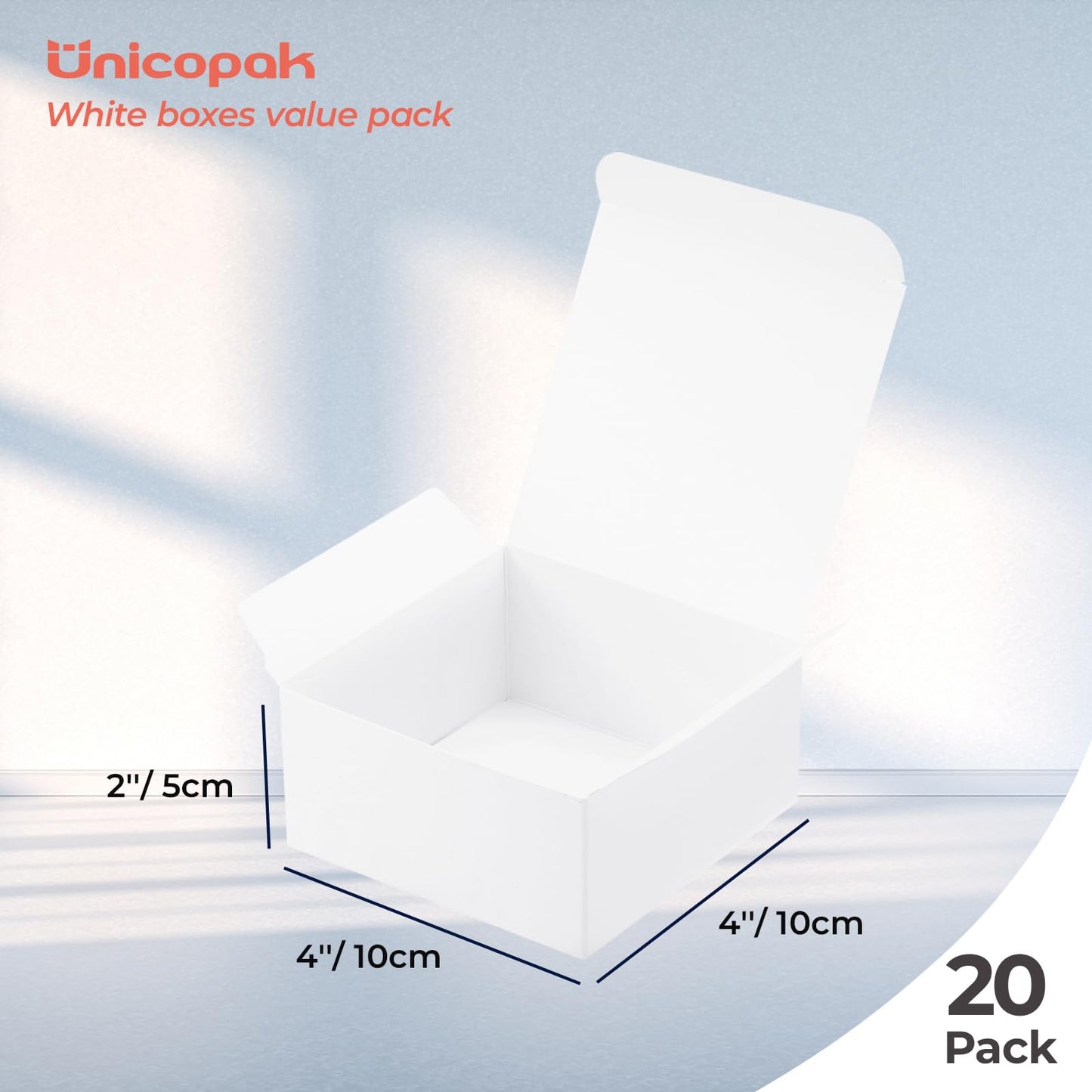 UnicoPak 20 Pack 4x4x2 White Small Gift Boxes - Food Grade Cardboard Treat Boxes for Candy, Fudge, Cookies - Small Square Boxes for Ornaments, Jewelry Trinkets, Party Favors, Small Business Packaging