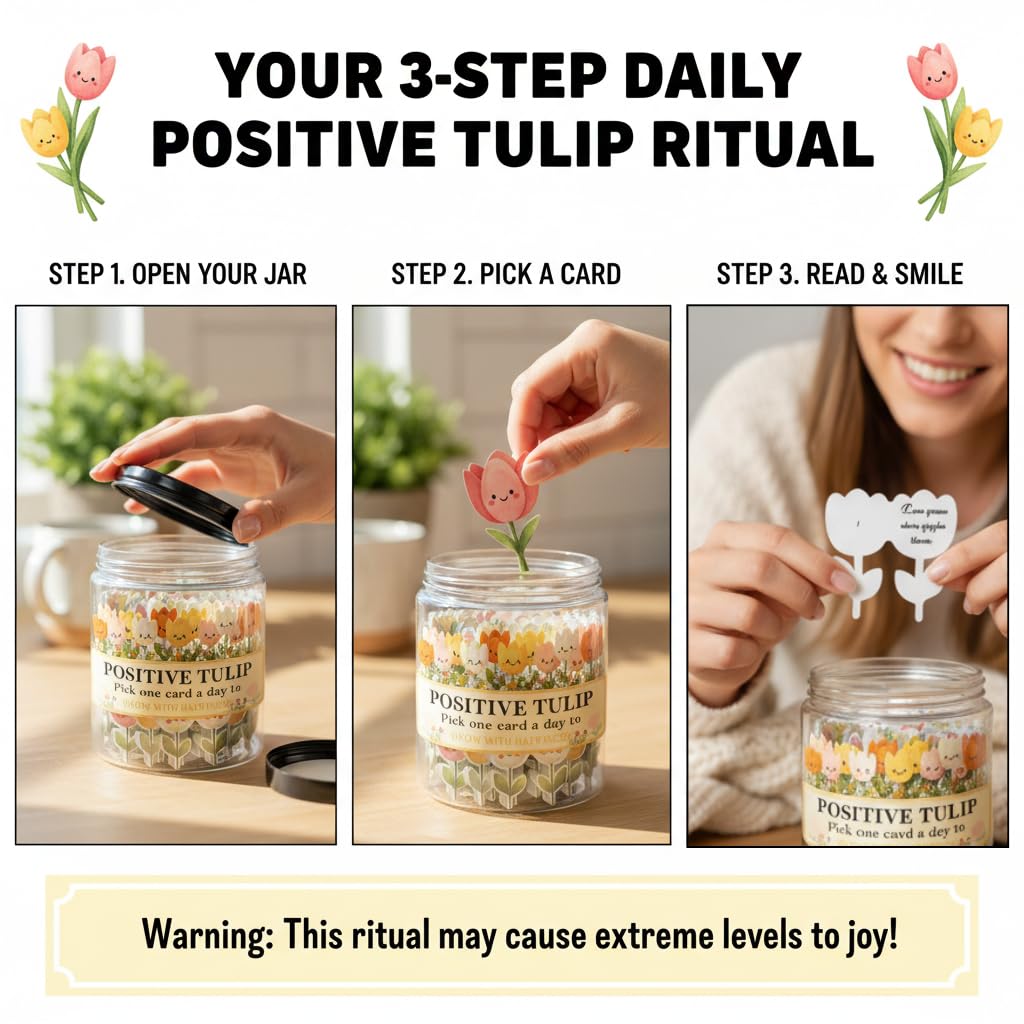 Positive Tulip Jar with 60 Affirmation Cards, Inspirational Gifts and Teacher Desk Decor, Tulips Flowers Themed Gift for Women, Stress Relief and Daily Positivity, Staff Appreciation Gifts