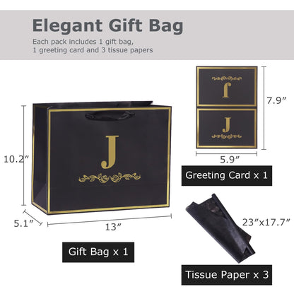 momoake Alphabet Birthday Gift Bag with Card and Tissue Paper for Men Women, 13" Large Black Gold Personalized Bridal Party Gift Paper Bag for Gifts Wrapping - (Letter J)