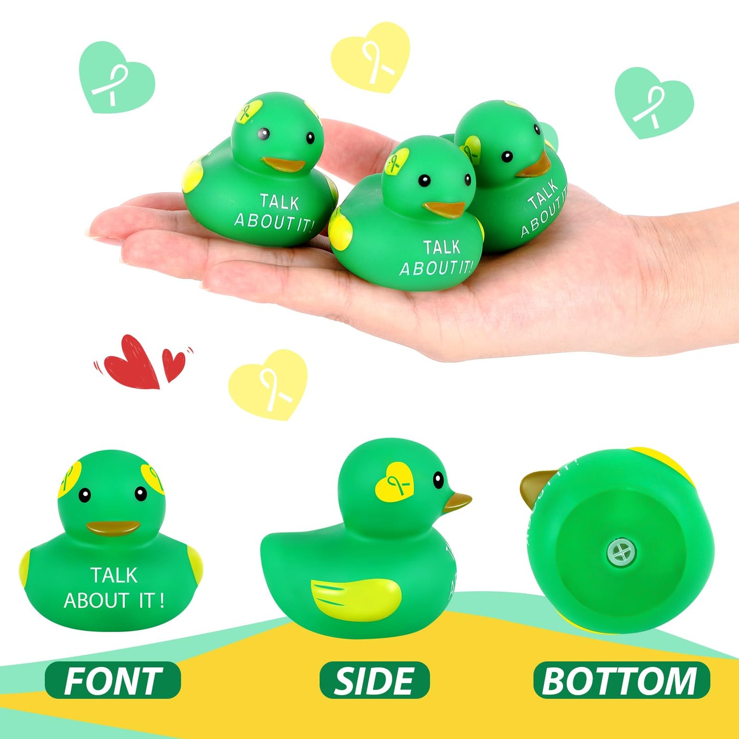 Deekin 24 Pcs Mental Health Rubber Duck Bulk Green Ribbon Mental Health Awareness Items Gifts for Self Care Adults Charity Office Therapist Favors