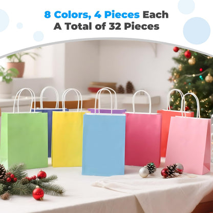 Brothersbox 32Pcs Small Paper Gift Bags with Handles 6.3"x3.15"x8.7", 8 Colors Rainbow Kraft Paper Goodie Bags Bulk, Party Favor Bag for Kids Birthday, Celebrations, Retail, Crafts, Wedding
