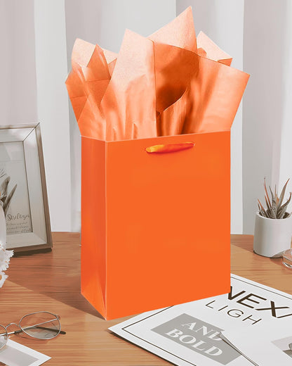 Gcardist Bright Orange Gift Bags with Tissue Paper for Wedding, Birthday, Party Supplies-7.9"x4.3"x9.6" Medium Size Cardboard Gift Bags（5pcs Bags + Tissue Paper ）