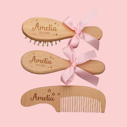 Personalized Baby Gift Newborn Hair Brush and Comb, Customized Engraved Baby Keepsake，Personalized Girls Brush and Comb Set， Wood Bristle Toddler Comb, Cradle Cap Brush(Pink)