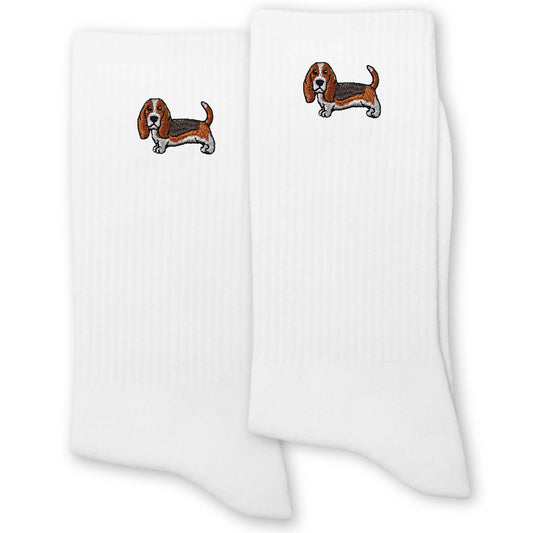 Basset Hound Socks for Women or Men - Cute Cartoon Basset Dog Design Embroidery White Crew Socks.(029)
