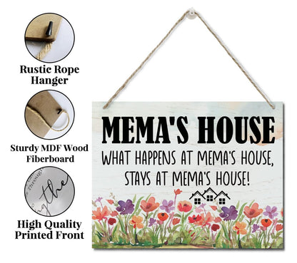 Rustic Sign, Mother's Day Gift, Grandma's Gift, Mom's Gift, Hanging Printed Wood Wall Art Sign Decor, Mema's House What Happens At Mema's House, Stays At Mema's House, Sign Gift for Grandma