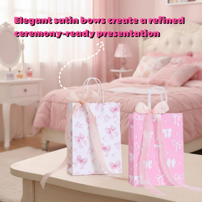 10 Pcs Pink Ribbon Bow Gift Bags with Handles, Gift Bags with Ribbons, 24 Envelopes, 2 Sticker Sheets & 1 Ribbon Roll for Coquette-Style Birthday Party Favors, Baby Shower, Wedding, Girls Tea Party, Cute Pink Goodie Bag Bulk for Treats and Gifts