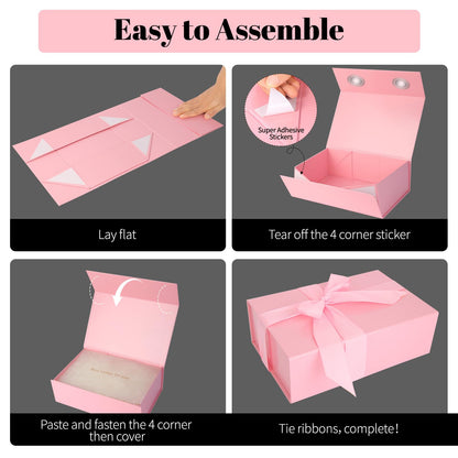 Pink Gift Box 11’’x7.2”x3.5”, Glossy Magnetic Gift Box with Lid for Present Contains 1-1/2’’ Widened Ribbon, Liner Paper, Card for Christmas, Valentine's Day, Wedding, Birthday