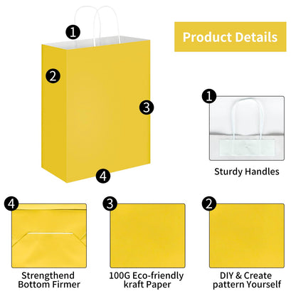 Oikss 50 Pack 10x5x13 Yellow Kraft Paper Bags with Handles Bulk for Birthday Party Favors Grocery Retail Shopping Business Goody Recycled Craft Gift Bags (Large Size, 50 Count)