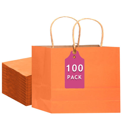 qiqee 100PCS Large Gift Bag with Handles Bulk 13"x4.5"x10" Gift Bags Kraft Orange Multiple Uses (32x11x25cm,Wide Large)
