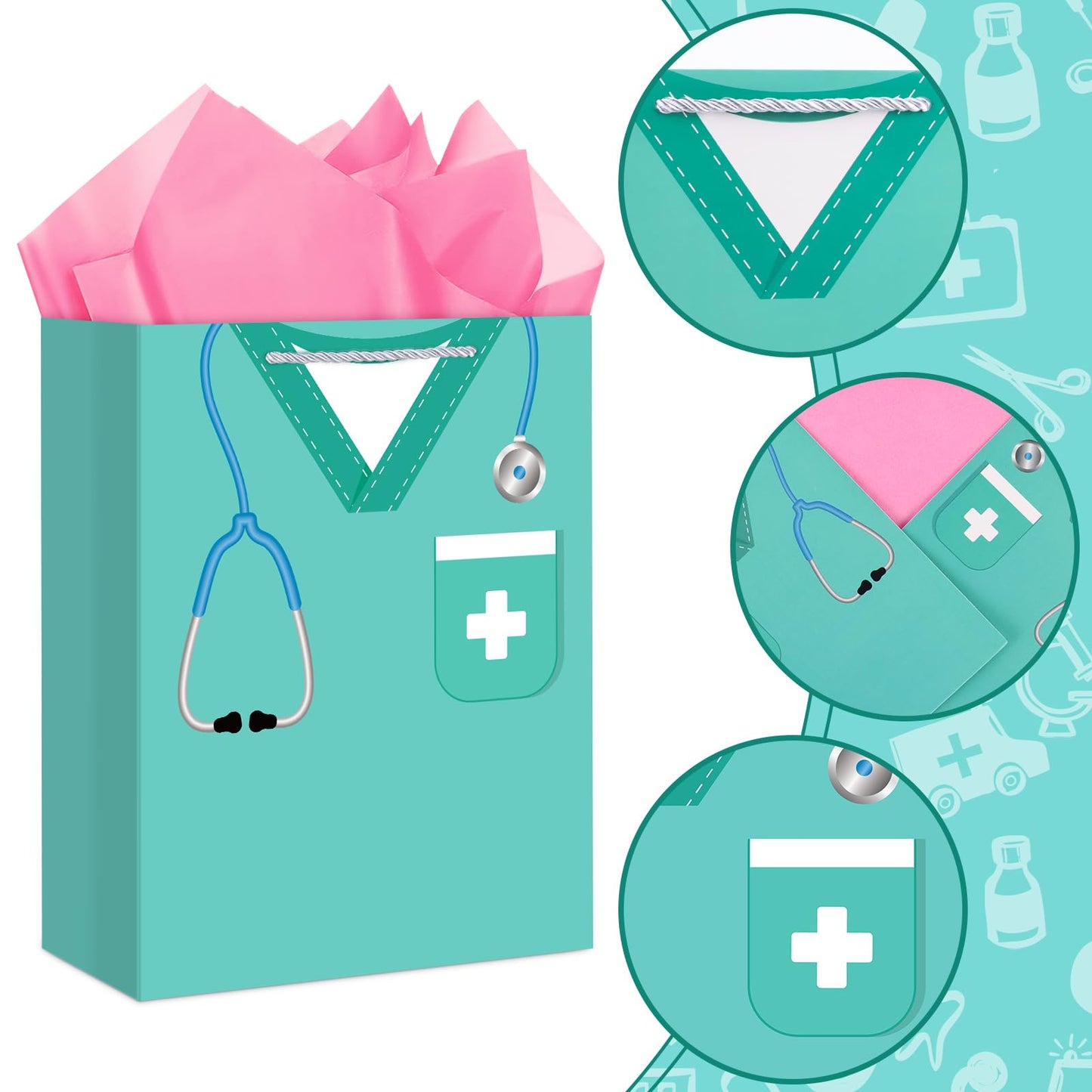 Hooqict Large Nurse Graduation Gift Bag Nurse Gift Wrap Bag with Handles, Tissue Paper, Greeting Cards for Her Women New Grad Nursing Student Medical School Graduation Party Gifts Supplies