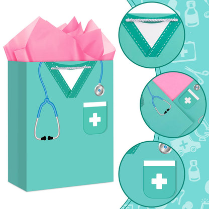 Hooqict Large Nurse Graduation Gift Bag Nurse Gift Wrap Bag with Handles, Tissue Paper, Greeting Cards for Her Women New Grad Nursing Student Medical School Graduation Party Gifts Supplies
