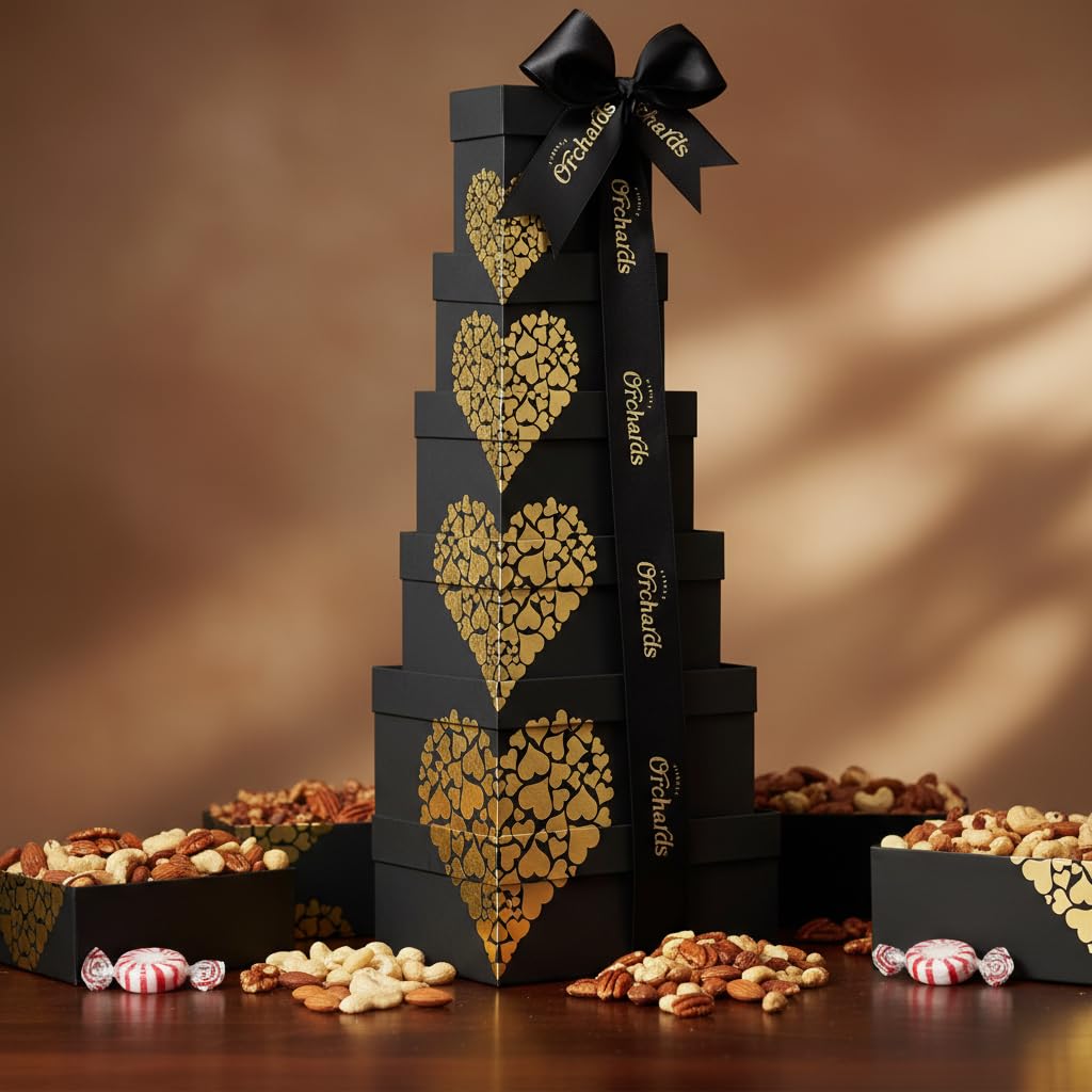 Fathers Day Nuts gift Basket Tower, Heart Design 6 Tier Food Baskets for Men and Women. Valentien Healthy Gift Basket.