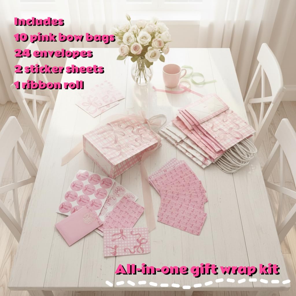 10 Pcs Pink Ribbon Bow Gift Bags with Handles, Gift Bags with Ribbons, 24 Envelopes, 2 Sticker Sheets & 1 Ribbon Roll for Coquette-Style Birthday Party Favors, Baby Shower, Wedding, Girls Tea Party, Cute Pink Goodie Bag Bulk for Treats and Gifts