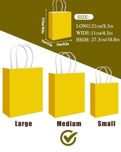 qiqee 100PCS Gift Bag with Handles Bulk Bright Yellow Paper Bags Multiple Uses (11"x5"x8"inch Medium Size)