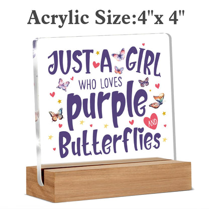 Purple Butterfly Gifts for Women Butterfly Lovers, Birthday Gifts for Friends Coworker, Just A Girl Who Loves Purple Butterflies Acrylic Plaque Desk Signs Decor 4 × 4 Inches