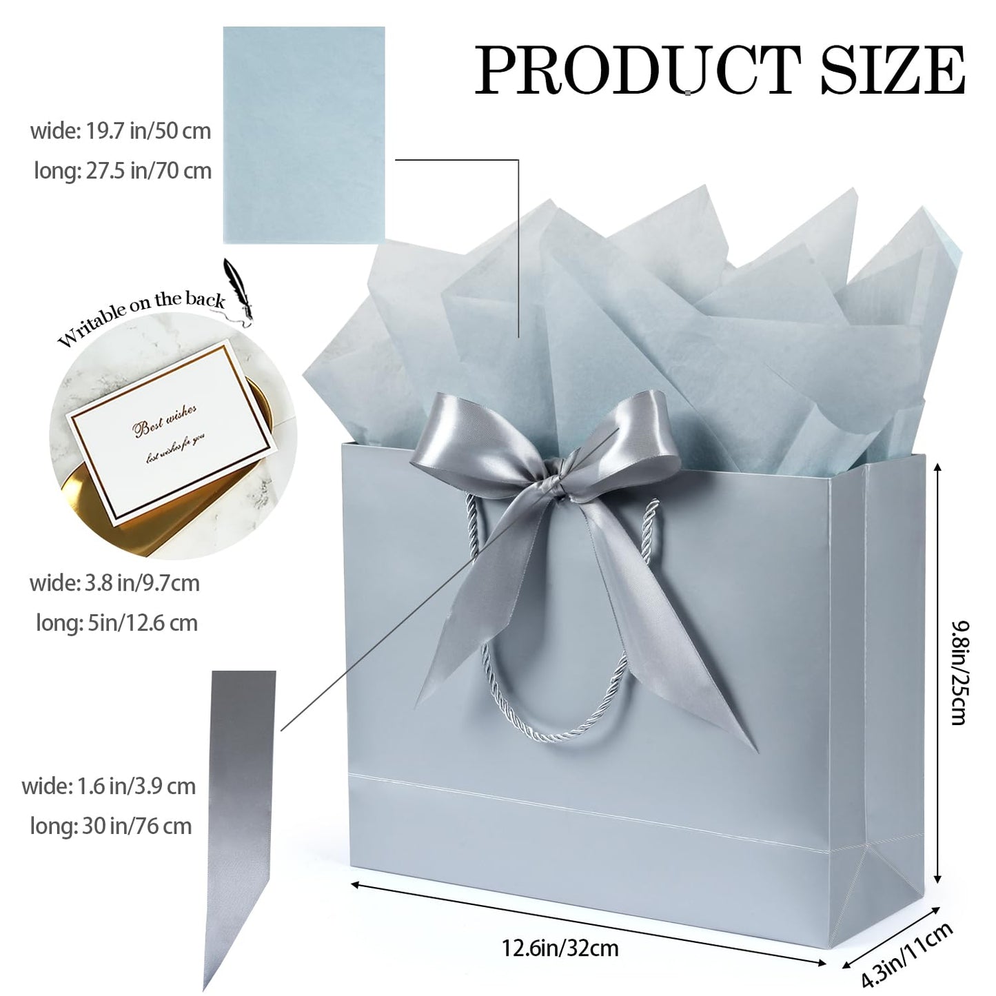 Large Gift Bags, 2PCS Gift Bags with Handle Tissue Paper Greeting Card, 13’’ Portable Birthday Gift Bag Set, Silver Present Bags for Birthday Party Favor Wedding Baby Shower Father’s Day, 13x10x4inch