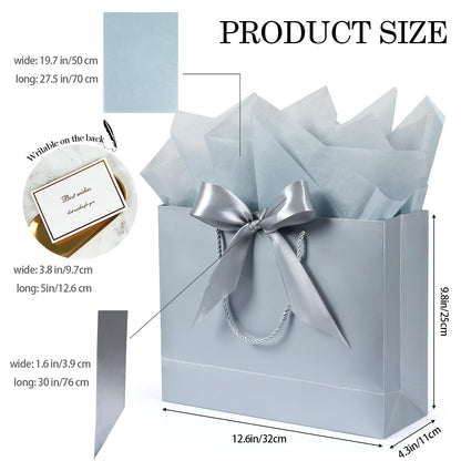 Large Gift Bags, 2PCS Gift Bags with Handle Tissue Paper Greeting Card, 13’’ Portable Birthday Gift Bag Set, Silver Present Bags for Birthday Party Favor Wedding Baby Shower Father’s Day, 13x10x4inch