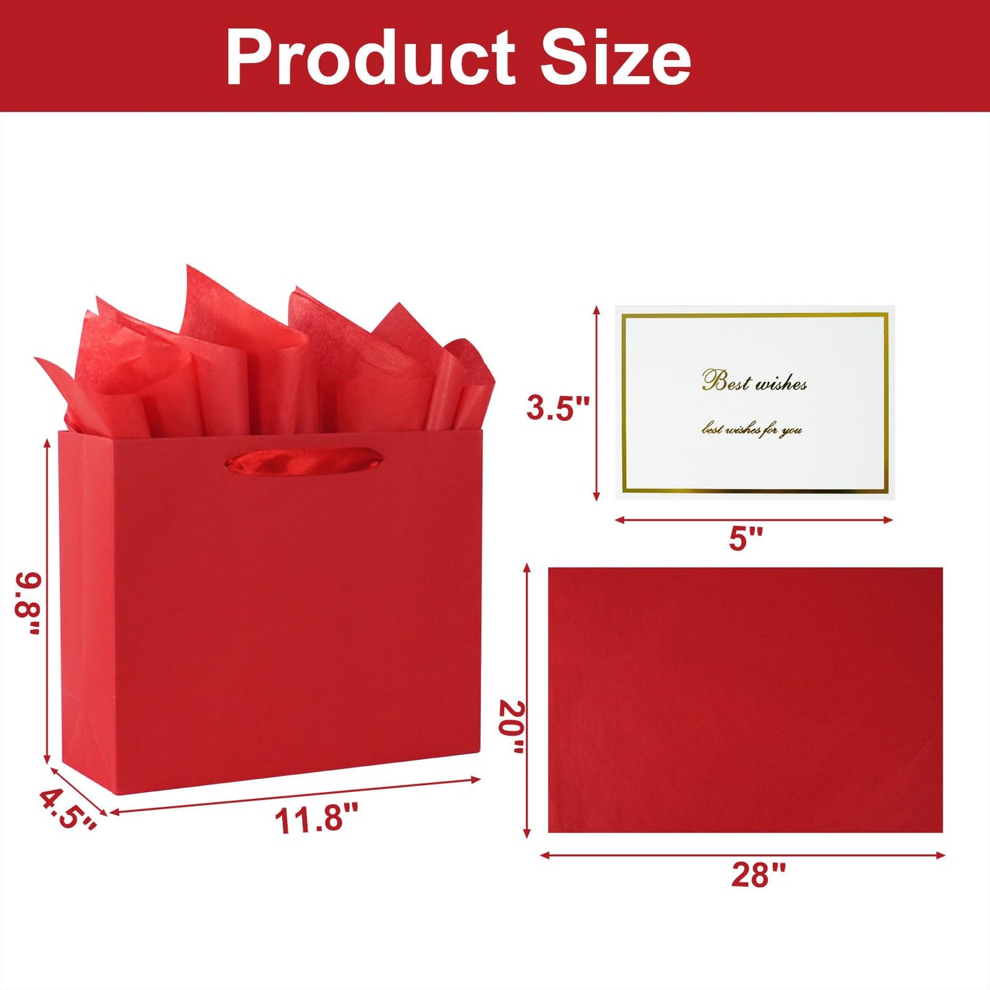 Elegant Red Gift Bag 11.8"x4.5"x9.8" with Ribbon Handles, Includes Card and Tissue Papers, Perfect for Birthdays, Weddings, Parties, Holidays, Baby Shower