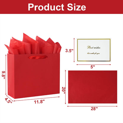 Elegant Red Gift Bag 11.8"x4.5"x9.8" with Ribbon Handles, Includes Card and Tissue Papers, Perfect for Birthdays, Weddings, Parties, Holidays, Baby Shower