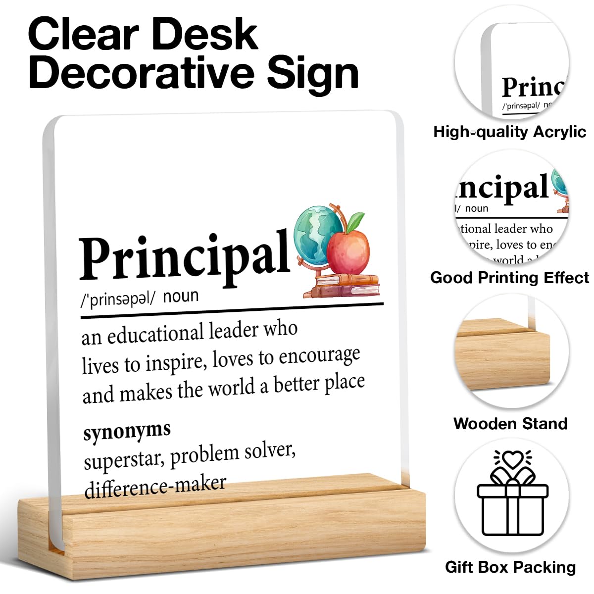 Principal Appreciation Gift for Men Women, Principal Gifts for Birthday Teacher's Day Christmas Acrylic Plaque Sign Home Office Desk Decor (4 x 4 Inches)