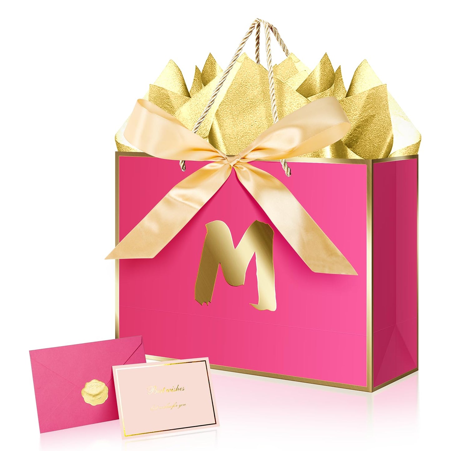 XiaosRen Personalized Gift Bag with Card and Tissue Paper, 12.6" Paper Bag with Ribbon for Women Girls Birthday Anniversary Wedding Bridesmaid (Hot Pink, M)