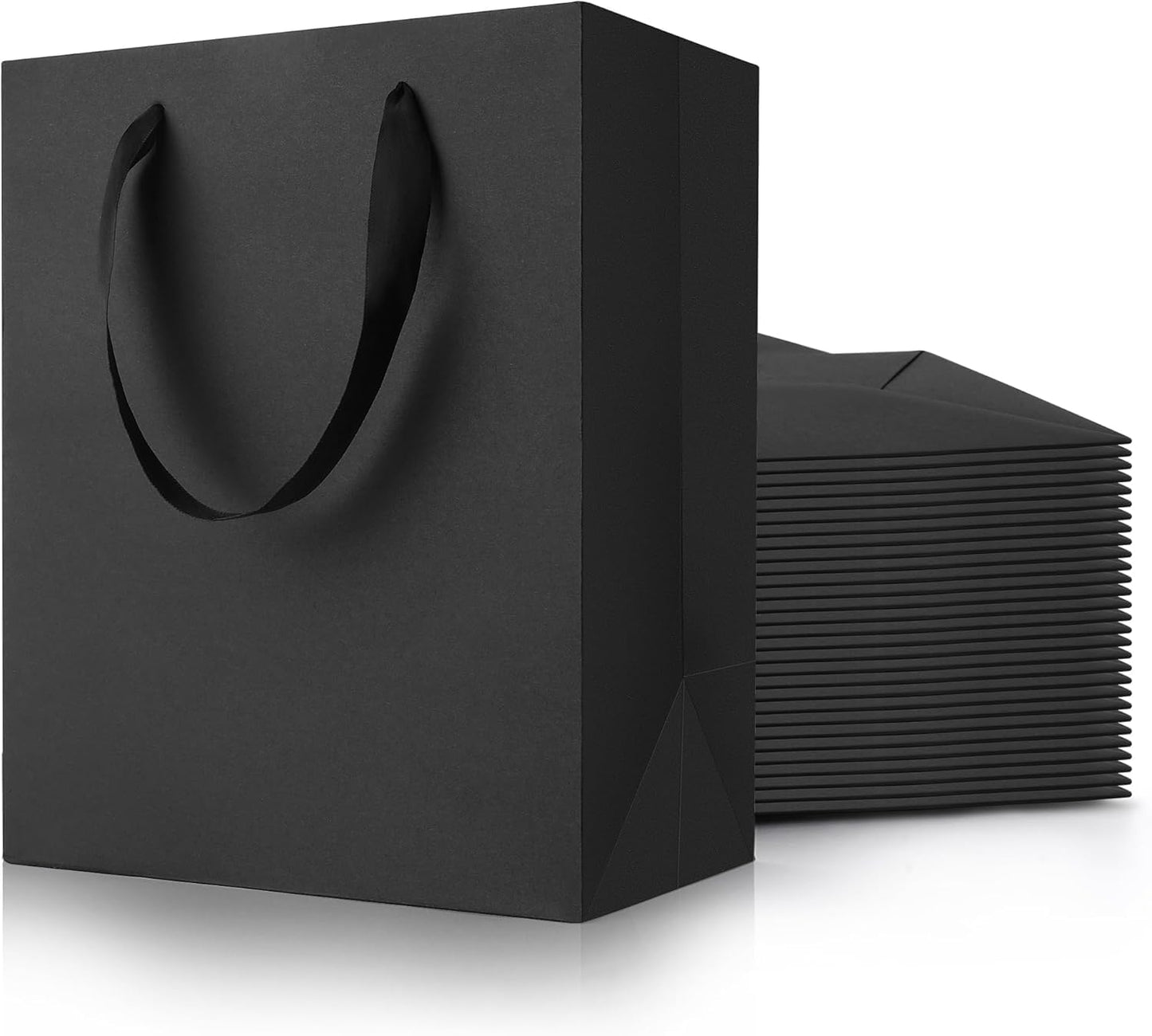PrimeSign Black Gift Bags With Handles: 8x5x10 Inch 50 Pack Medium Paper Bags Bulk For Party Shopping Wedding Birthday Graduation Fathers Day