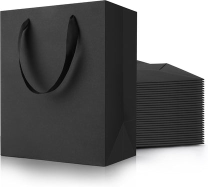 PrimeSign Black Gift Bags With Handles: 8x5x10 Inch 50 Pack Medium Paper Bags Bulk For Party Shopping Wedding Birthday Graduation Fathers Day