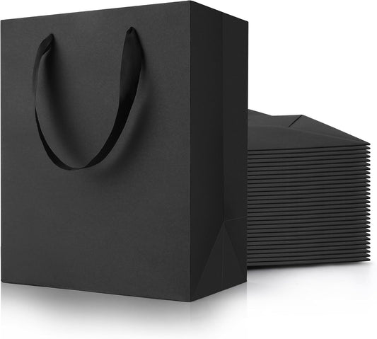 PrimeSign Black Gift Bags With Handles: 8x5x10 Inch 50 Pack Medium Paper Bags Bulk For Party Shopping Wedding Birthday Graduation Fathers Day