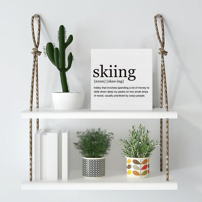 Dumyum Skier Gift Skiing Definition Wooden Box Sign Ski Quotes Desk Decorative Wooden Sign Home Decor for Desk Table Shelf (5 x 5 Inches), Medium