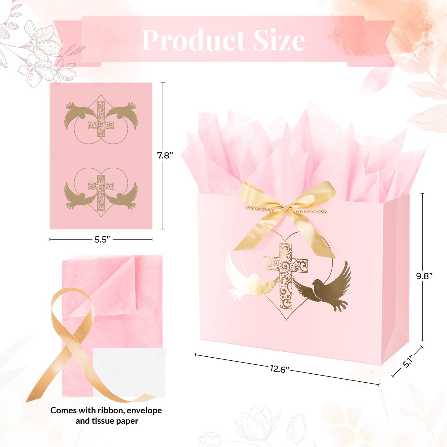 Linelglobal Baptism Gift Bag with Tissue Paper for Girl Pink Cross Gift Bag for Christenings First Communions Religious 12.6"