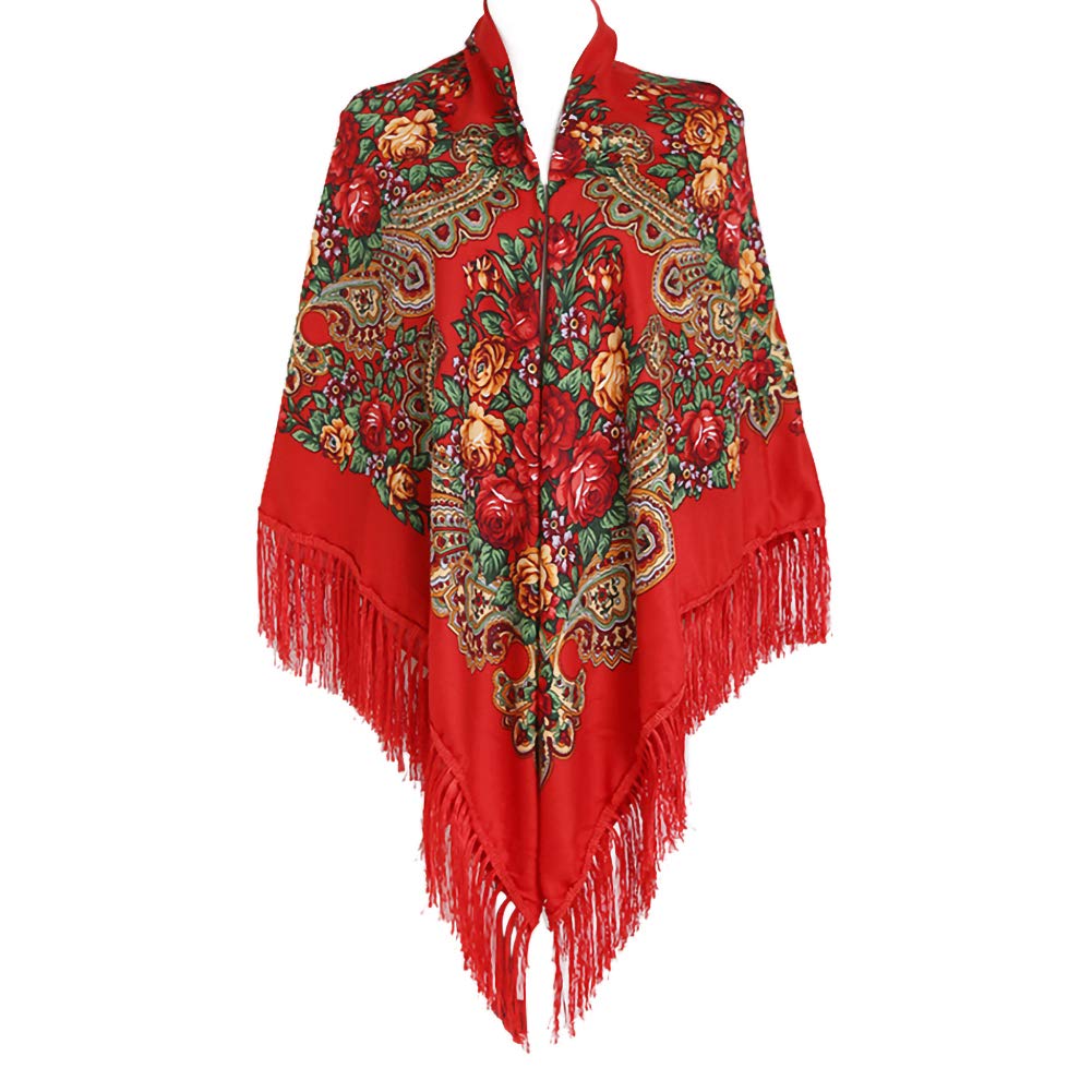 Gudessly 62"*62"Oversized Women's Traditional Retro Scarf Wrap Tassel Fringes Floral Poncho Shawl Printing Shawl