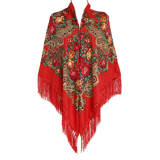 Gudessly 62"*62"Oversized Women's Traditional Retro Scarf Wrap Tassel Fringes Floral Poncho Shawl Printing Shawl