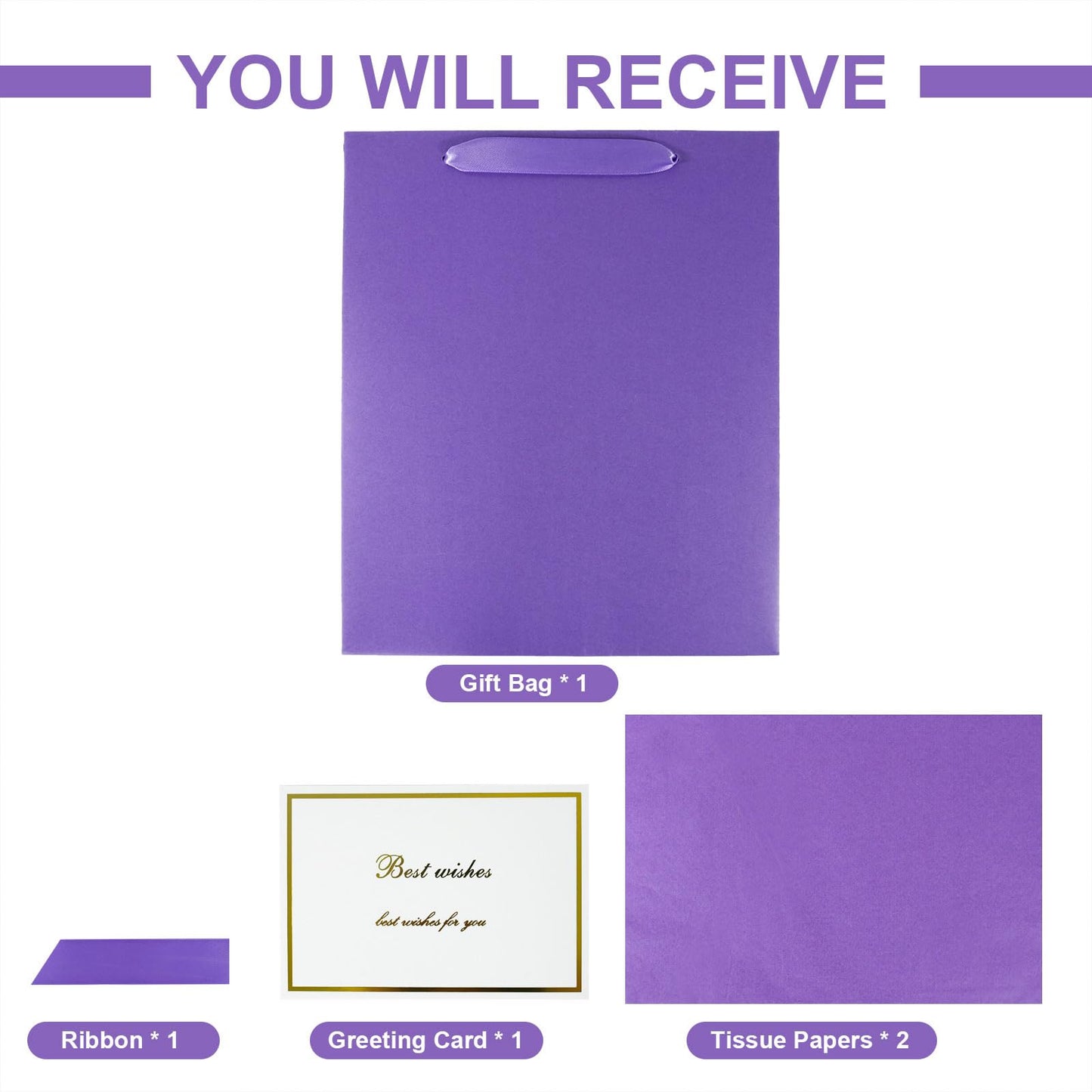 Elegant Purple Gift Bag 10.2"x4.7"x12.2" with Ribbons Handles, Includes Card and Tissue Papers for Weddings, Birthdays, Baby Shower, Parties, Holidays